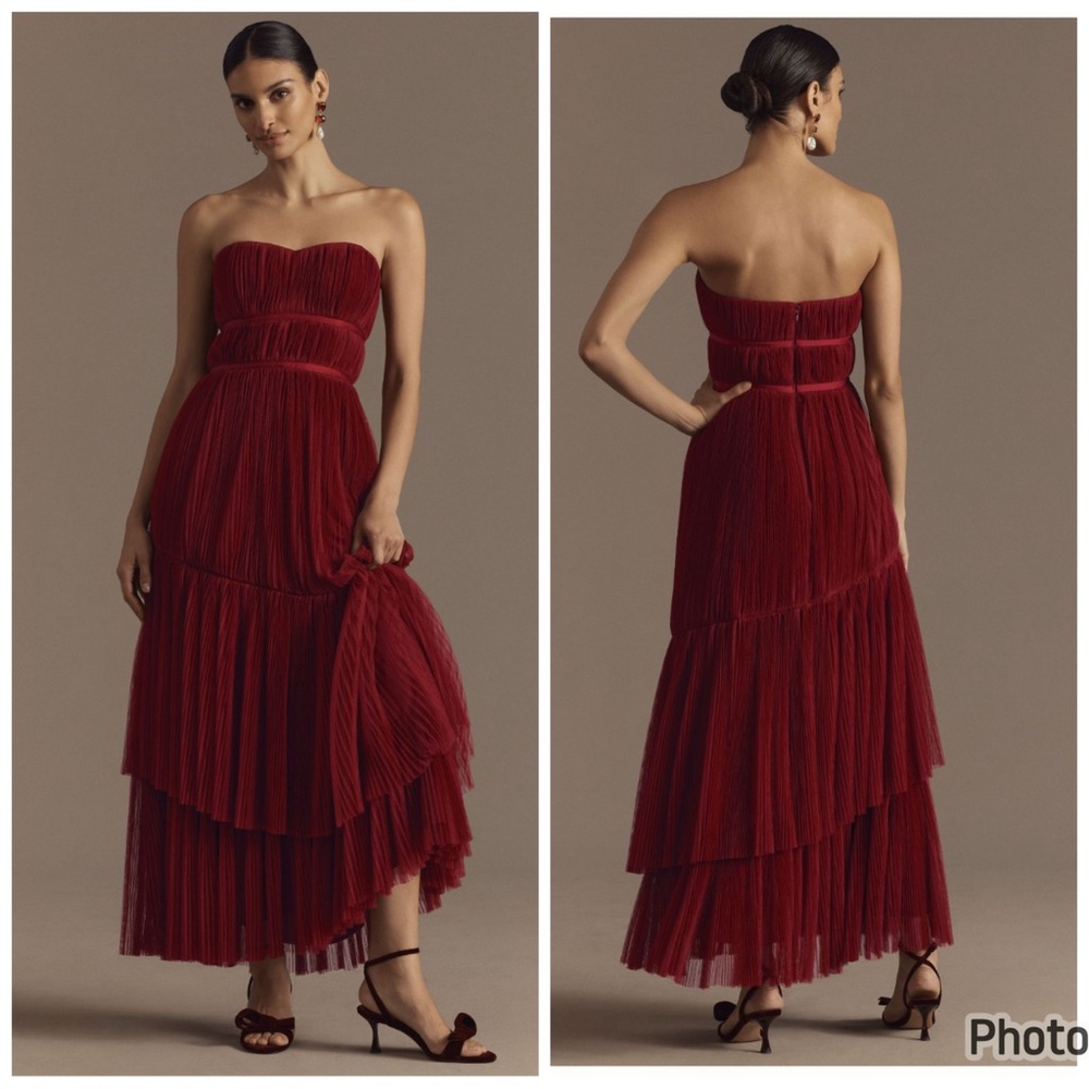 Anthropologie Hutch Tulle‎ Renza Dress Wine Red Tiered Strapless Sz 14 Gown Maxi